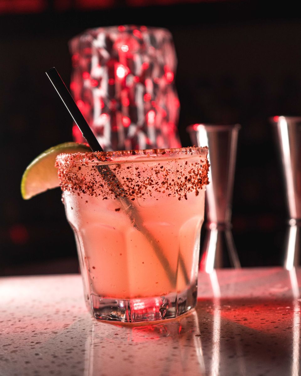 A chili-salt-rimmed margarita